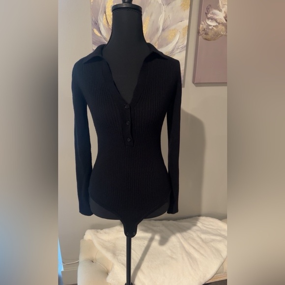 JustFab Tops - JustFab Black Button-Up Ribbed Bodysuit